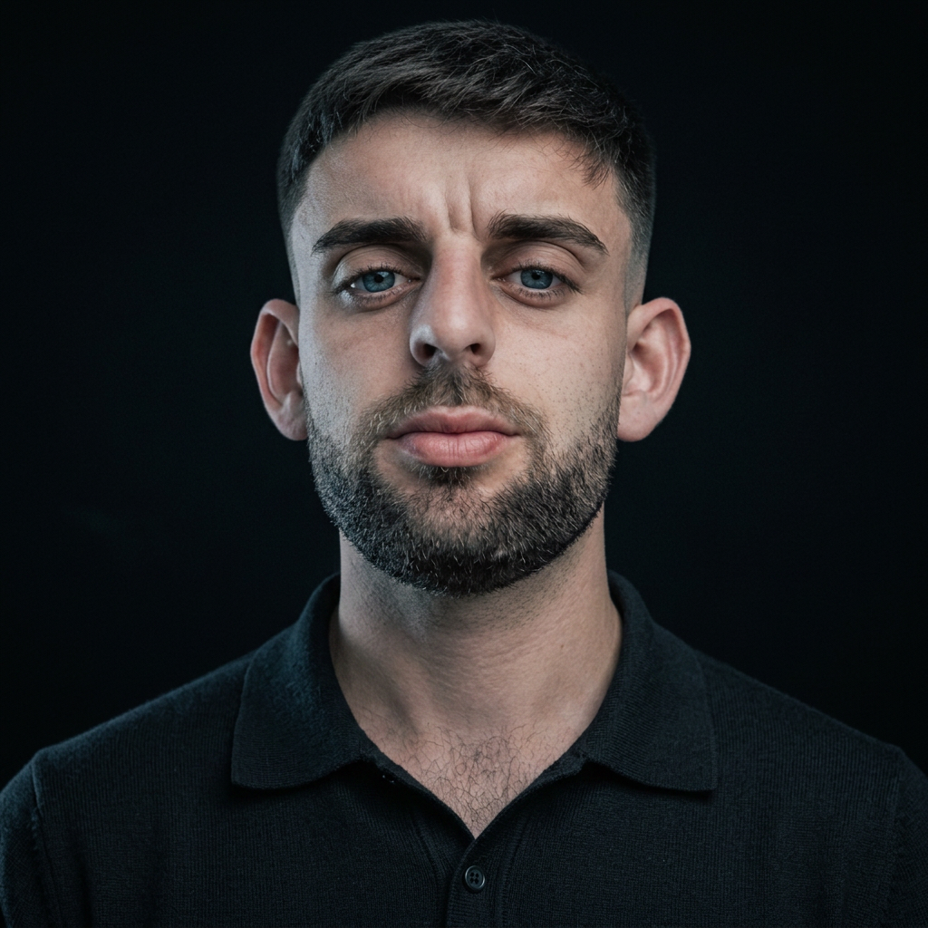 Retrato de Denis Coy sobre fondo negro